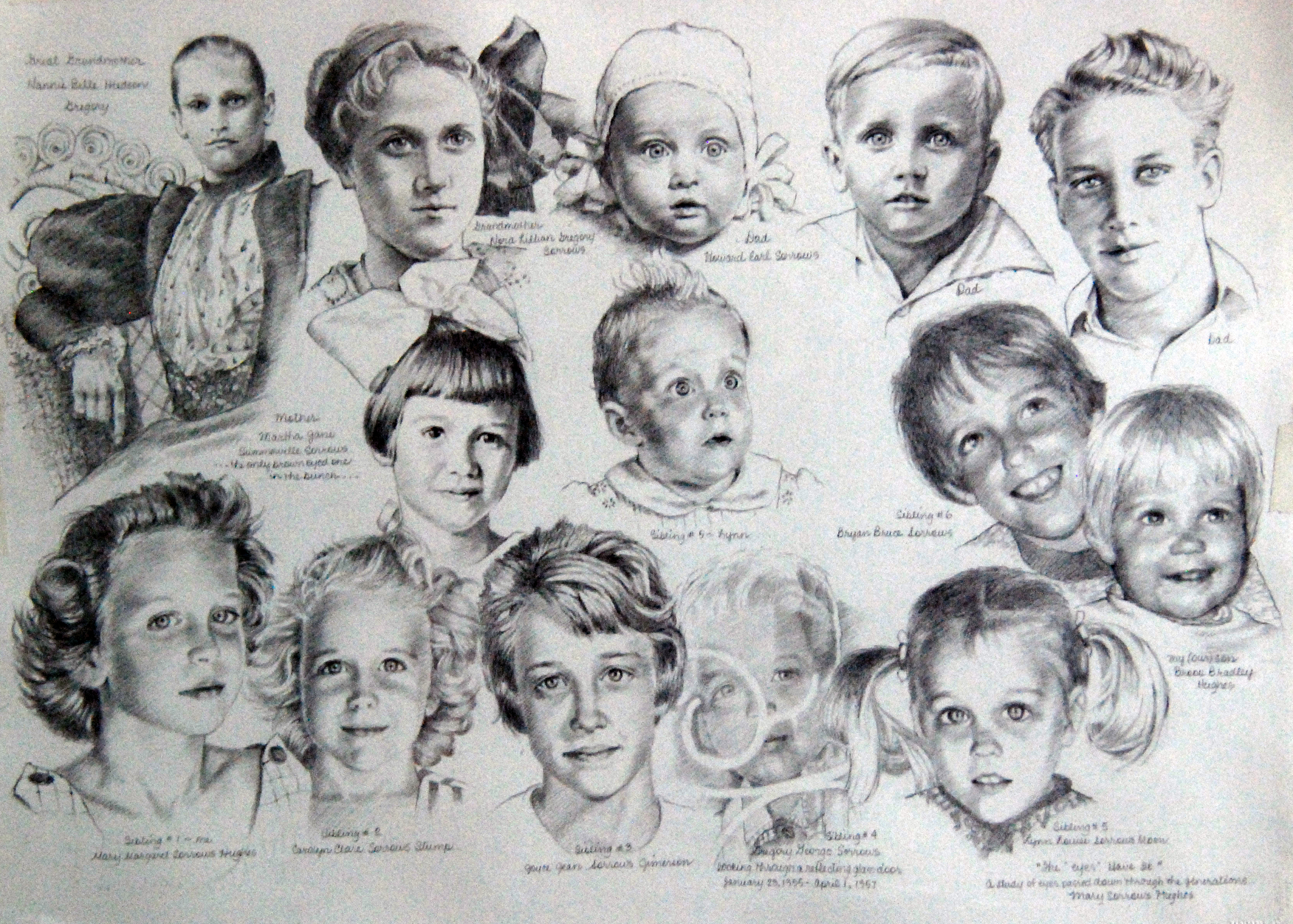 “The Eyes Have it” (graphite  pencil drawing of the generations of eyes within out family)